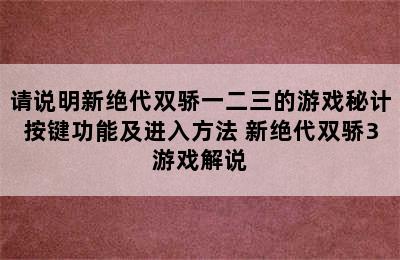 请说明新绝代双骄一二三的游戏秘计按键功能及进入方法 新绝代双骄3游戏解说